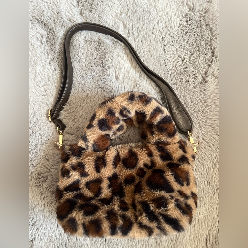 Girls Kids Leopard Faux Fur Crossbody Bag